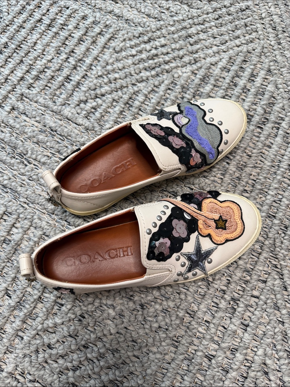 Coach Cream Leather Embellished Slip-On sneaker with Multicolor Appliqués